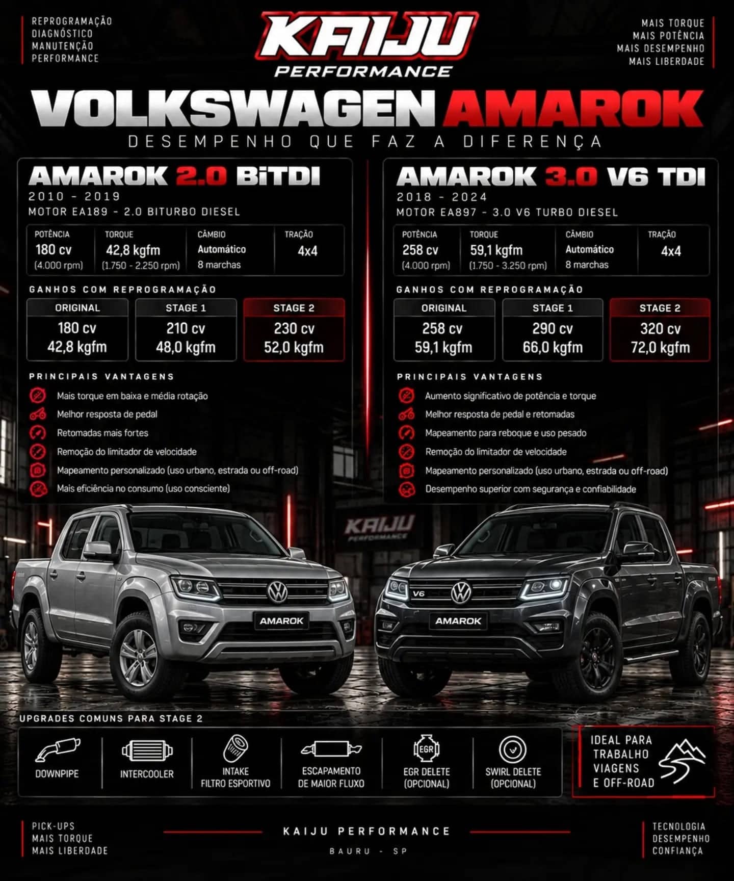 Arte técnica da Kaiju Performance: Volkswagen Amarok 2.0 BiTDI e 3.0 V6 TDI