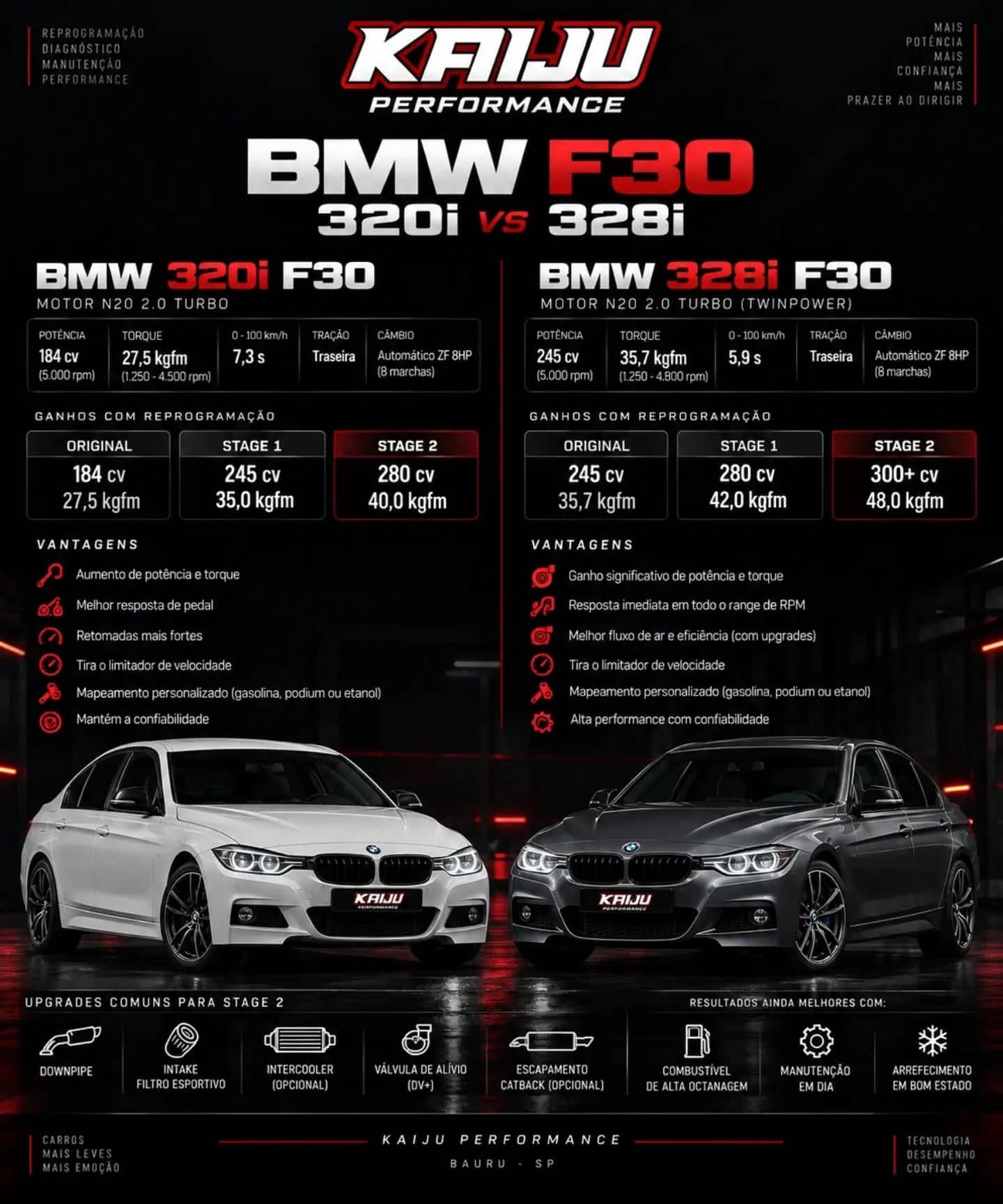 Arte técnica da Kaiju Performance: BMW F30 320i vs 328i