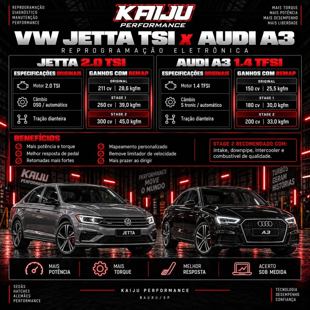 Arte técnica da Kaiju Performance: VW Jetta TSI x Audi A3